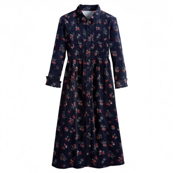Vermont Country Store Pintuck Cotton Corduroy Dress Navy Blue Floral Size Medium - Picture 2 of 15